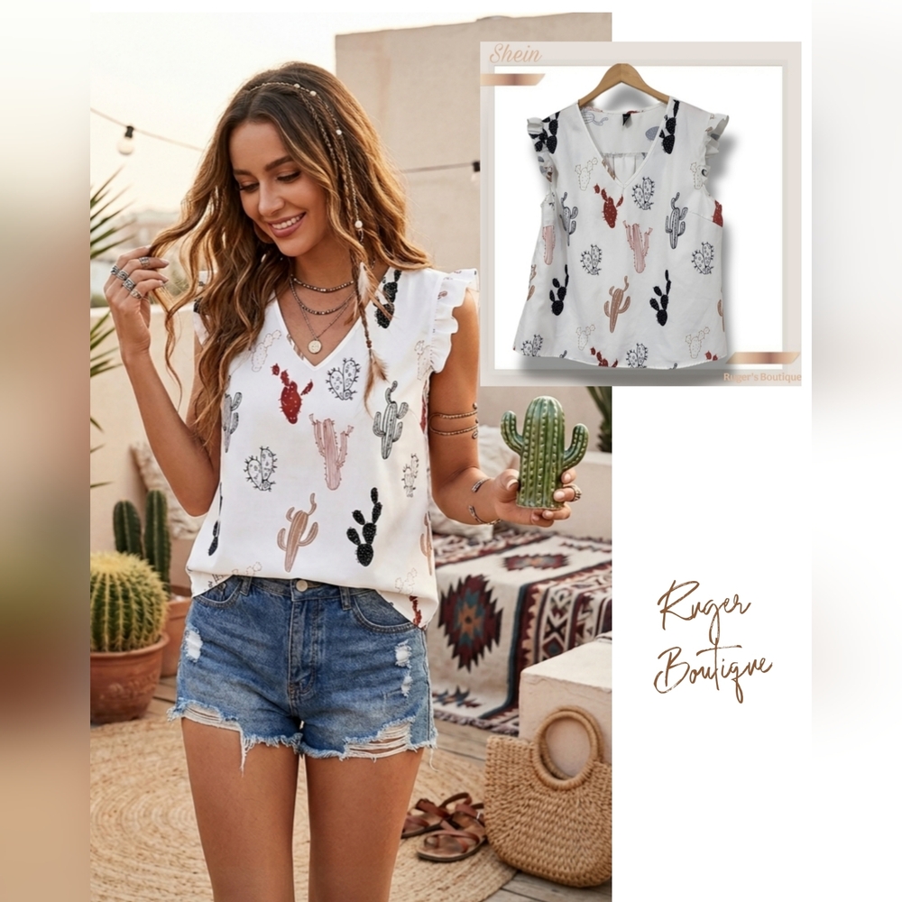 🌿Shein Women's 1X White Cactus Print Ruffle Sleeve Top